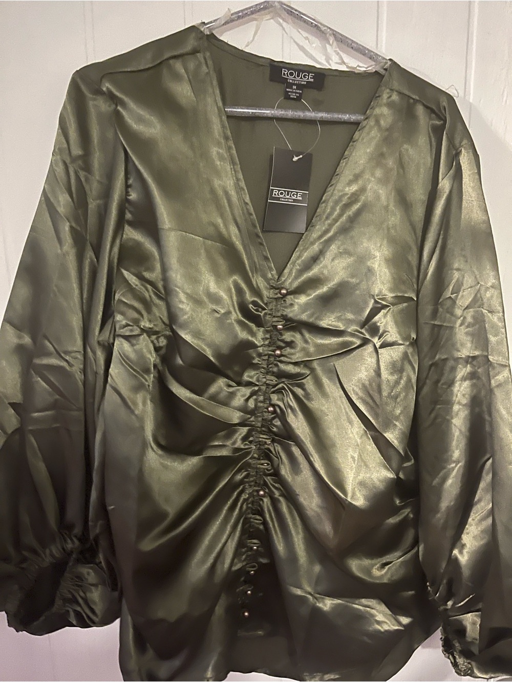 Rouge! Olive Green Satin Ruched V-Neck Blouse